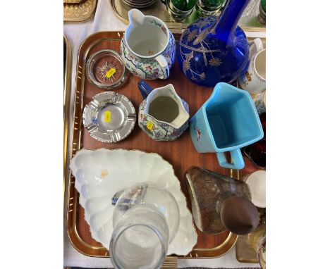 Spode Jugs, Wade jug, blue glass decanter, and other decorative items 