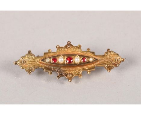 9 carat yellow gold seed pearl and ruby bar brooch; 2.9g 