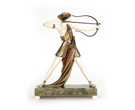 Ferdinand Preiss (1882 Erbach im Odenwald - 1943 Berlin)Diana, Bronze, polychrom patiniert, geschnitztes Elfenbein*, Pfeil un