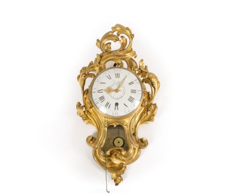 CarteluhrJacques Mahuet, Frankreich, um 1760, rocailleverziertes, vergoldetes Bronzegehäuse, Emaillezifferblatt mit römischen