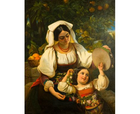 Johann Grund (1808 Wien - 1887 Baden-Baden)Mutter und Tochter in Tracht der Albaner Berge unter einem Orangenbaum, Öl auf Lei