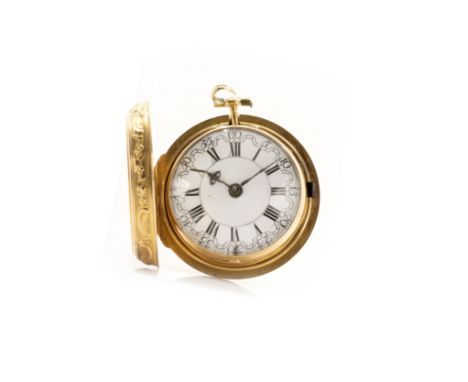 Spindeltaschenuhr mit Übergehäuse Cha. WorrelsEngland, London, 1757, vergoldetes Werk mit Schlüsselaufzug, Schnecke und Kette