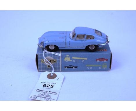 SPOT-ON by Tri-ang. No.217 Jaguar E Type, finished in light blue with white interior. Has opening bonnet, chipping to paintwo