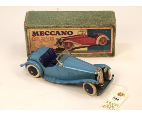 A scarce 1930's Non Constructor Meccano Two-Seater Sports Car. An example in blue with dark blue seats, blue mudguards and ru