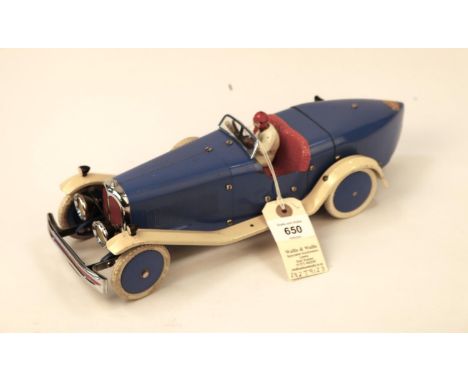 A rare 1930's No.2 Meccano Constructor Car. A boat tail example in blue with cream mudguards and running boards, red seat, bl