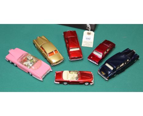 6 Dinky Toys. FAB 1 Rolls Royce in pink, Parker is missing. Rolls Royce Phantom V in very dark blue. Rolls Royce Silver Shado