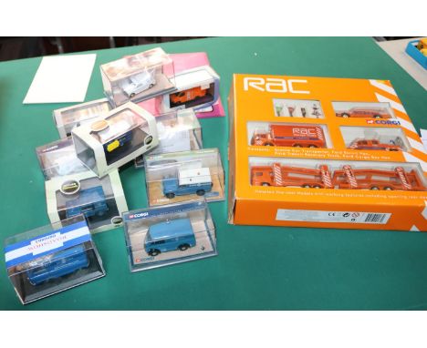 A quantity of RAC items. A Corgi large Gift Set, dating from 2002 comprising 4 vehicles- Scania car transporter, Ford Cargo b