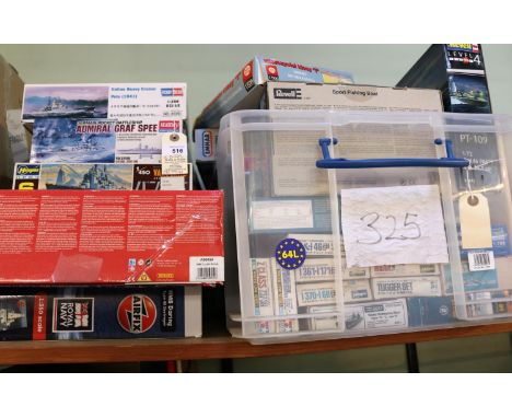 30+ boats and Warships, in various scales, by Airfix Hasegawa, Hobby box, Revell, Matchbox and others. Lot includes Airfix HM