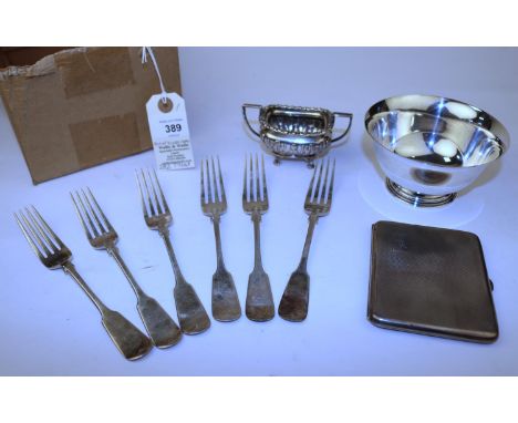 A silver bowl marked Sterling Steiff 135g,11.5cm in diameter, silver salt pot missing liner, 73g, a silver cigarette case eng