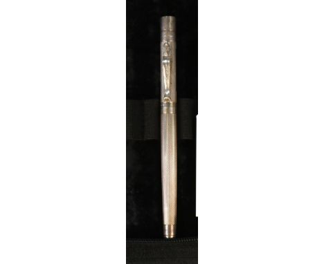 YARD-O-LEAD Fountain Pen. With hallmarked silver engine turned body and cap, body with black grip and gold nib, cap fitted wi