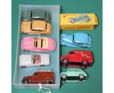 8 Dinky Toys. Austin Devon. Hillman Minx. Austin Atlantic. Triumph TR2. Trojan Van, Brooke Bond. Loud Speaker Van. Fiat 600. 
