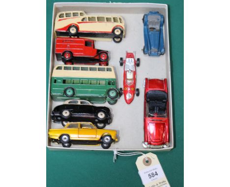 8 Dinky Toys. Royal Mail Van (34b), closed rear windows. Observation Coach (29f), cream/red.  Double Deck Bus (29c), green/cr