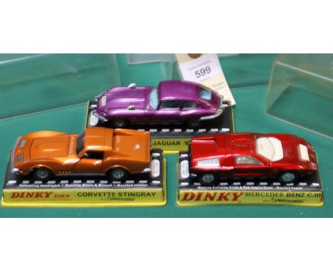 3 Dinky Toys.  Jaguar E Type (131) in metallic purple with light blue interior. Chevrolet Corvette Stingray (221), In metalli