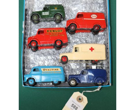 6 Dinky Toys. Bedford Van, Ovaltine. Daimler Ambulance. Telephone Service Van. 2x Trojan Van, Esso and Dunlop. Loud Speaker V