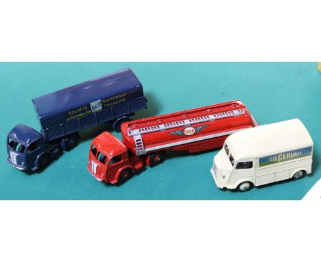 3 French Dinky Toys. Citroen 1200K Van 'Gervais' (25C). In cream with cream wheels. Panhard Tractor Unit with Semi-Trailer 'S