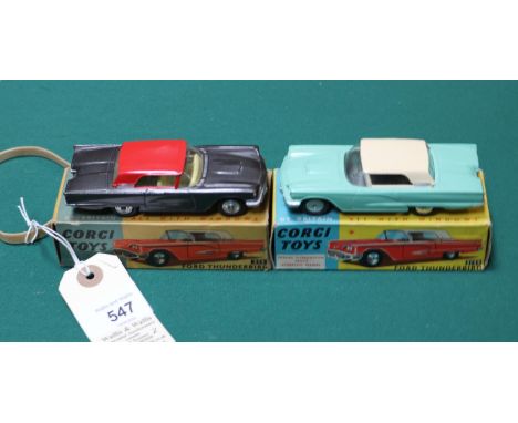 2 Corgi Toys Ford Thunderbird. A 214 in light green and cream, no interior. Plus a later issue 214S in metallic dark grey and