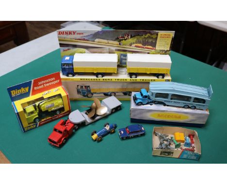 Dinky Toys to include, No.917 Mercedes -Benz Truck And Trailer, No.449 Johnston Road Sweeper in a later red and blue window b