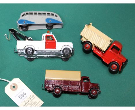 8 Dinky Toys. Bedford Tipping Wagon, Austin Lorry with tin tilt. Streamlined bus, Land Rover Breakdown vehicle. 3x Bedford TK