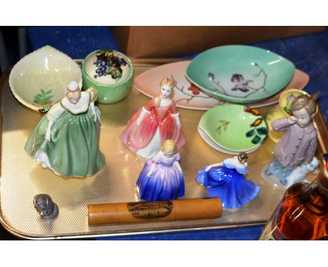 TRAY WITH MIXED CERAMICS, ROYAL DOULTON FIGURINES, CARLTON DISHES, MAUCHLINE WARE CASE ETC     