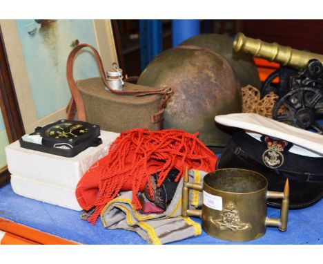 VARIOUS MILITARY MEMORABILIA, TRENCH ART CUP, OLD HELMETS, WATER CANTEEN, COMPASS ETC     