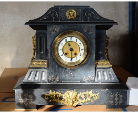 LARGE VICTORIAN HEAVY SLATE MANTLE CLOCK     