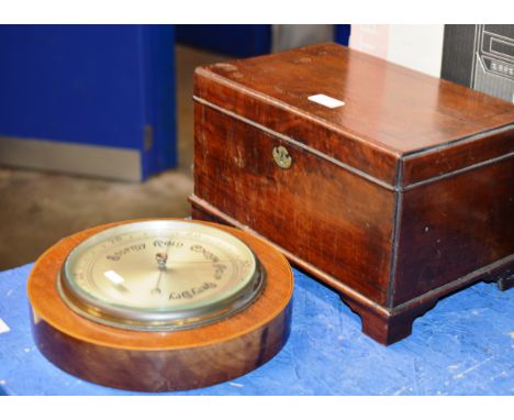 VICTORIAN INLAID MAHOGANY BOX WITH BRASS ESCUTCHEON &amp; VINTAGE CIRCULAR MAHOGANY CASED BAROMETER     