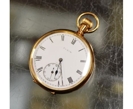 AN ELGIN OPEN FACED GOLD PLATED POCKET WATCH WITH SUBSIDIARY DIAL     