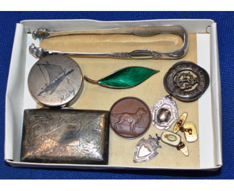 EASTERN SILVER COMPACT, STERLING SILVER CIGARETTE BOX, 2 SILVER FOB MEDALS, PAIR OF SILVER PAW SUGAR TONGS, BADGES, DAVID AND