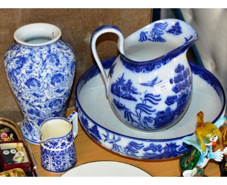 DOULTON BLUE &amp; WHITE BASIN &amp; EWER, DERBY PORCELAIN BLUE &amp; WHITE JUG &amp; DECORATIVE BLUE &amp; WHITE VASE     