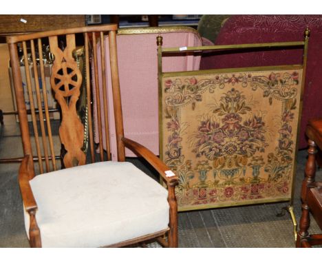 SINGLE CHAIR &amp; BRASS TAPESTRY FIRE SCREEN     