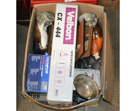 BOX CONTAINING BIRD DECANTERS, EPERGNE STAND, VARIOUS VINTAGE CAMERAS ETC     