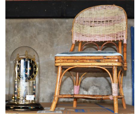 GLASS DOME MANTLE CLOCK &amp; MINIATURE BAMBOO STYLE CHAIR     