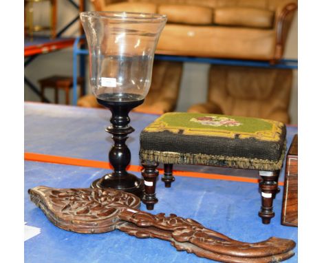 TAPESTRY TOP STOOL, CANDLE STAND &amp; PAIR OF DECORATIVE WOODEN BELLOWS     