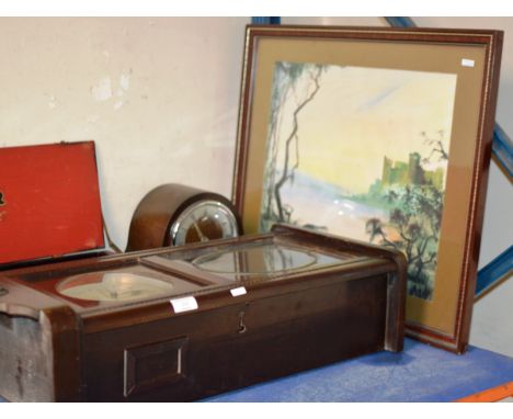 MAHOGANY CASED WALL CLOCK, OAK CASED MANTLE CLOCK &amp; FRAMED PICTURE - BOTHWELL CASTLE     