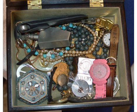 BOX CONTAINING ASSORTED COSTUME JEWELLERY, WRIST WATCHES, CIGARETTE LIGHTER ETC     