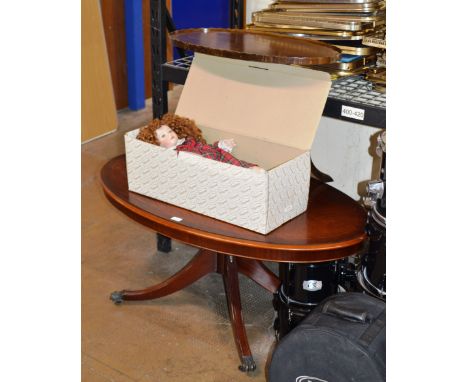 REPRODUCTION MAHOGANY OVAL COFFEE TABLE, PORCELAIN DOLL IN BOX &amp; MAHOGANY OCCASIONAL TABLE     