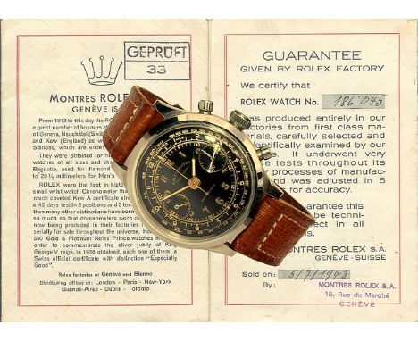 A fine and rare 1940s Stainless Steel Rolex Oyster Chronograph, REF 3525, together with its original Rolex guarantee card, da