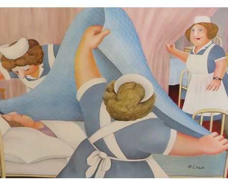 Beryl Cook, a signed limited edition print, nurses making the bed, 16 x 12