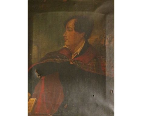 An early 19th century oil on canvas framed portrait of Lord Byron reading a book, 12 x 14 A/F