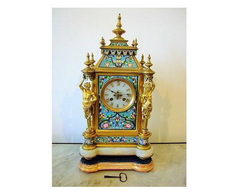 Miller & Sons French Champleve cloisonné, ormolu and white onyx cased 8 day mantle clock, the case having floral decoration, 