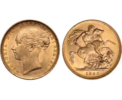 G British Coins, Victoria, sovereign, 1885S, horse with short tail, small BP in exergue, young head l., S below, rev. St. Geo