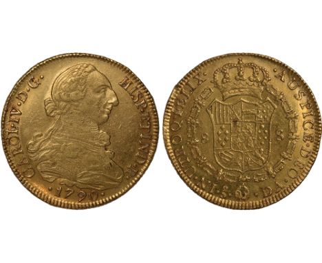 Foreign Coins and Medals, Chile, Carlos IV, 8 escudos, 1790DA, Santiago, bust right with title CARLOS IV, rev. crowned shield