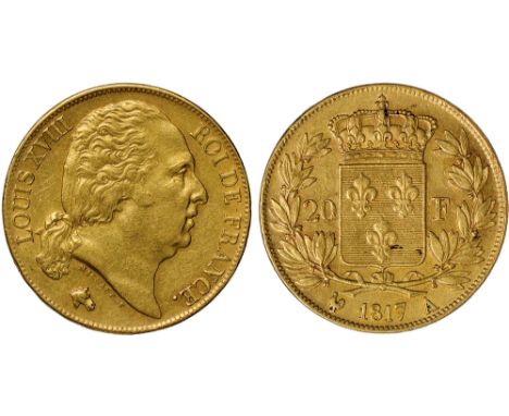 G Foreign Coins and Medals, France, Louis XVIII, 20 francs, 1817A, bust r., rev. crowned shield of arms (KM.712.1; Fr.538; Ga