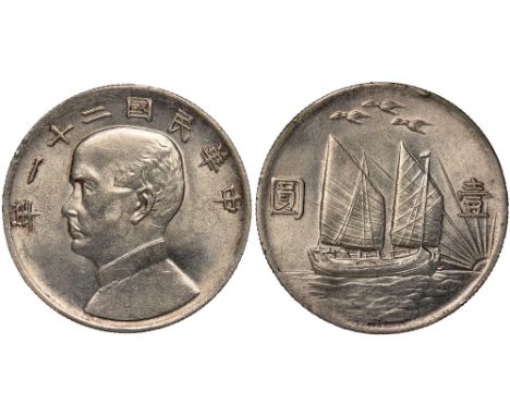 Foreign Coins and Medals, China, Republic, Sun Yat Sen, dollar, year 21 (1932), bust l., rev. junk ship dividing value, risin