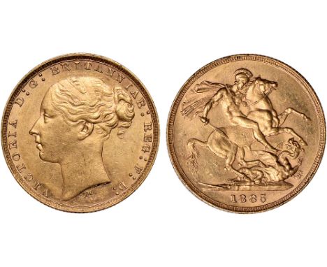 G British Coins, Victoria, sovereign, 1885M, horse with short tail, small BP in exergue, first young head l., M below, rev. S