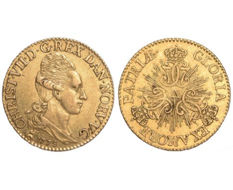 Foreign Coins and Medals, Denmark, Christian VII, christian d’or, 1775, bare head r., rev. crowned double C7 monograms (KM.62