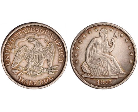 Foreign Coins and Medals, USA, half dollar, 1875CC, Carson City, Liberty std. r., rev. eagle with shield on breast, faint scr