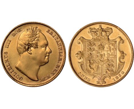 G British Coins, William IV, sovereign, 1832, bare head r., rev. crowned shield of arms (S.3829B), has been lightly buffed, e