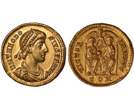 Ancient Coins, Theodosius I (379-395), solidus, Mediolanum (Milan) (383 – 388), DN THEODOSIVS PF AVG, diademed, draped, cuira