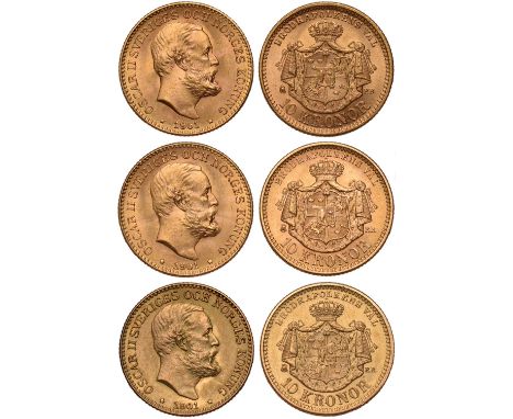 G Foreign Coins and Medals, Sweden, Oscar II, 10 kronor, 1901 (3), bare head r., rev. crowned shield of arms over mantle (KM.